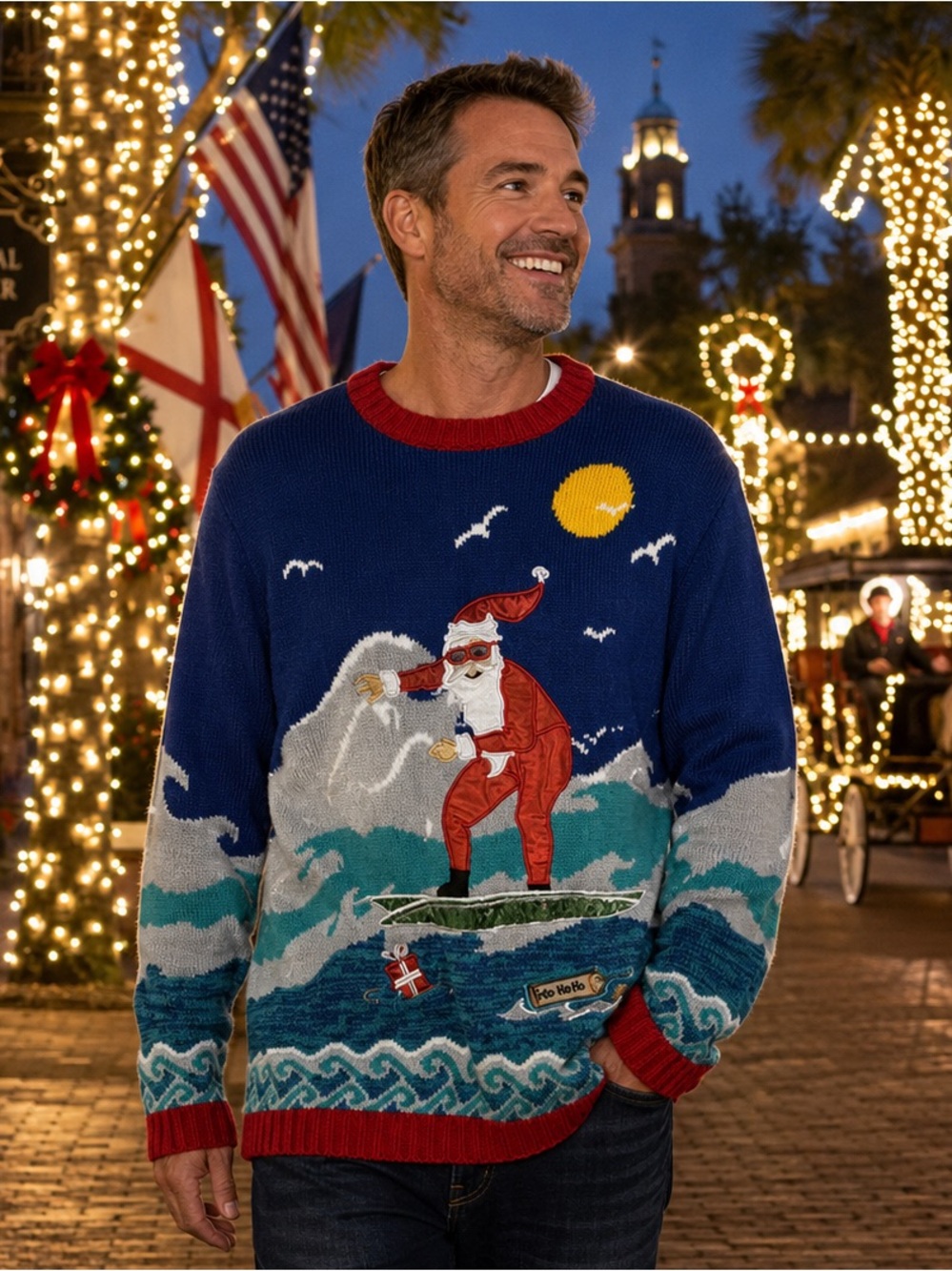 Blizzard Bay Surfing Santa Ugly Christmas Sweater Men's L Sequined Holiday Knit